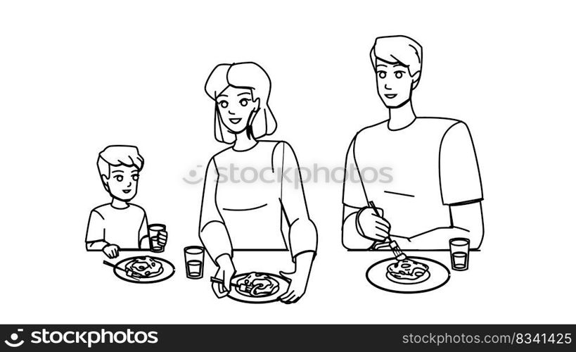 family eating dinner line pencil drawing vector. dinner lunch food, happy together, child mother, eating home, meal father, man, woman, female young family eating dinner character. people Illustration. family eating dinner vector