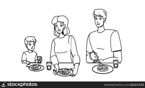 family eating dinner line pencil drawing vector. dinner lunch food, happy together, child mother, eating home, meal father, man, woman, female young family eating dinner character. people Illustration. family eating dinner vector