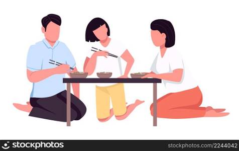 Family eating with chopsticks semi flat color vector characters. Sitting figures. Full body person on white. Served dinner table simple cartoon style illustration for web graphic design and animation. Family eating with chopsticks semi flat color vector characters
