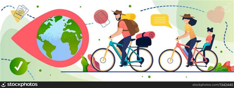 Family Eco Travelling on Bicycles Around World Poster. Happy Cartoon Father and Mother Carrying Daughter Cycling. Globe in Pin Mark. Travel Icons Decoration. Summer Vacation. Vector Illustration. Eco Travelling on Bicycles Around World Poster