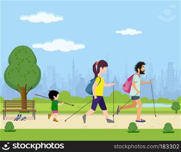 family engaged in Scandinavian walking park