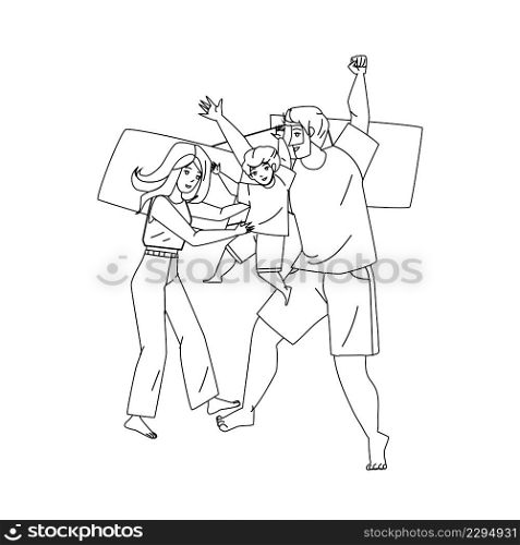 Family Enjoy Fun Time In Bedroom Together Black Line Pencil Drawing Vector. Father, Mother And Son Laying On Bed And Relaxing Togetherness In Bedroom. Happy Characters Recreation At Home Illustration. Family Enjoy Fun Time In Bedroom Together Vector