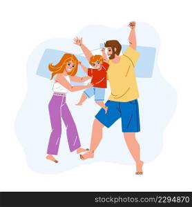 Family Enjoy Fun Time In Bedroom Together Vector. Father, Mother And Son Laying On Bed And Relaxing Togetherness In Bedroom. Happy Characters Recreation At Home Flat Cartoon Illustration. Family Enjoy Fun Time In Bedroom Together Vector