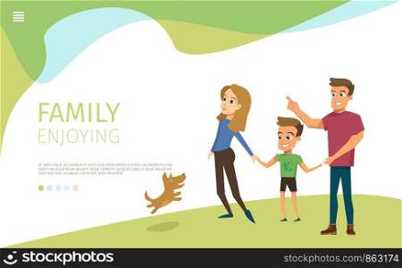 Family Enjoying Leisure or Time Together Flat Vector Horizontal Web Banner or Landing Page Template with Happy Smiling Father and Mother Walking with Child, Playing with Dog Pet on Meadow Illustration