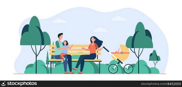 Family enjoying leisure time in park. Parents, kid sitting on bench at stroller. Flat vector illustration. Walking outdoors, weekend together concept for banner, website design or landing web page