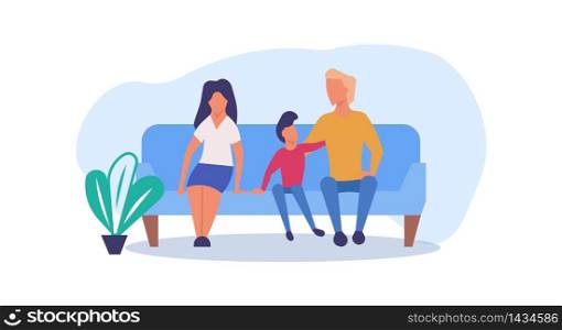 Family enjoying time together with child vector cartoon illustration. Father, mother and son fun lifestyle activity playing. Happiness parent love concept. Home leisure spend pastime parenthood banner