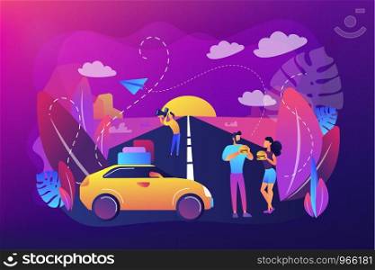 Family enjoying vacation on interstate highway. Photographing scenic sunset view. Road trip, road traveling journey, traveling by car concept. Bright vibrant violet vector isolated illustration. Road trip concept vector illustration