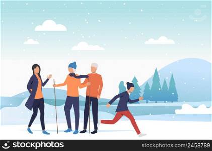 Family enjoying winter activities. Outdoors, parents, children, winter sports. New Year with family concept. Vector illustration can be used for presentation slide, postcard, project