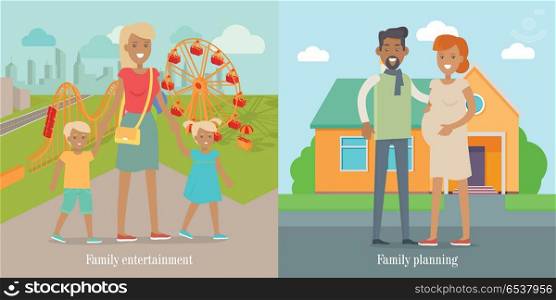 Family Entertainment and Panning Social Banners. Family entertainment and family planning banners set. Woman with adorable son and daughter in park. Husband and pregnant wife going to buy new house. Happy childhood, expecting baby concept. Vector