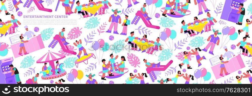 Family entertainment center snack bar slide trampoline carousel roundabout attractions playing children flat seamless pattern vector illustration