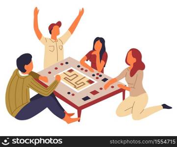 Family entertainment table or board game leisure pastime group activity vector friends and map with cards playing together home party challenge and strategy characters around desktop man and women.. Board game family playing at table isolated characters