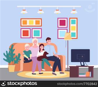 Family evening at the tv. Four member family together smiling sitting io the sofa in front of the televisor. Illustration of mother, father, sun, daughter and a dog sitting on the divan in the room. Family evening at the tv. Four member family smiling sitting io the sofa in front of the televisor