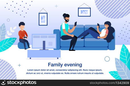 Family Evening Routine Trendy Flat Vector Banner, Poster Template. Family Spending Time Together at Home, Parents and Kid Resting in Living Room, Using Smartphone, Playing Computer Games Illustration