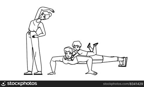 family exercise line pencil drawing vector. together happy, child healthy, mother fitness, parent sport, father active, girl female, workout health family exercise character. people Illustration. family exercise vector