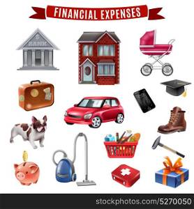 Family Expenses Flat Icons Collection . Average family household expenses flat icons collection with housing transportation food clothing and education isolated vector illustration