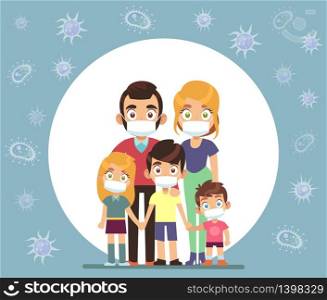 Family face masks. Parents and children wearing protective medical mask for prevent virus vector healthcare concept. Family face masks. Parents and children wearing protective medical mask for prevent virus vector concept