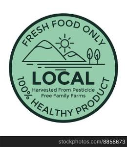 Family farm production, fresh food only, harvested from local fields. Pesticides free and tasty nutrition. Label or sticker for product package, logotype or emblem. Vector in flat style illustration. Fresh food only, healthy product, family farm