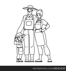 family farmer line pencil drawing vector. agriculture man, farm organic, farming person, field father, son sunset, plant nature, rural family farmer character. people Illustration. family farmer vector
