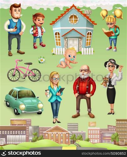 Family. Father, mother, grandmother, grandfather, son, daughter, baby. House. 3d vector icon set