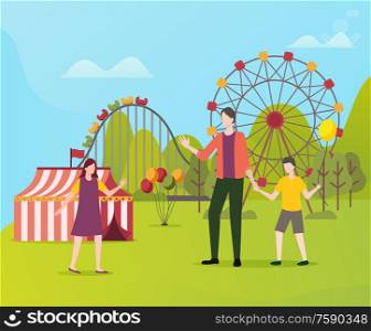 Family father with kids vector, dad with daughter and son having fun in amusement park. Man with children, ferris wheel and roundabout, selling tent. People Spending Free Fun Time in Amusement Park