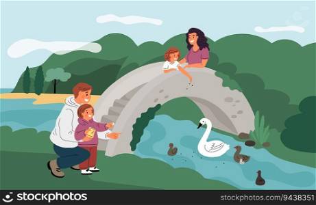 Family feeding ducks on pond. Happy parents with kids give crumbs and grains to birds in park. Lake shore. People birdwatching on river bridge. Outdoor walk. Swans with chicks. Garish vector concept. Family feeding ducks on pond. Happy parents with kids give crumbs and grains to birds in park. People birdwatching on river bridge. Outdoor walk. Swans with chicks. Garish vector concept