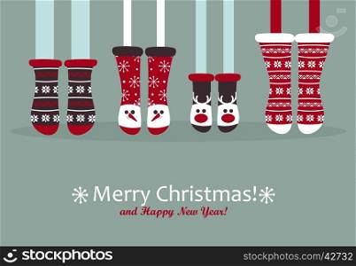 Family feet in Christmas socks. Winter holiday concept. Happy new year Greeting Card. Vector illustration.. Family feet in Christmas socks.