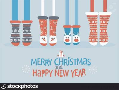 Family feet in Christmas socks. Winter holiday concept. Merry Christmas and Happy new year lettering. Vector illustration.. Family feet in Christmas socks.