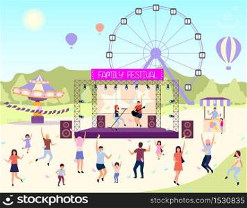Family festival activities flat vector illustration. Open air live performance. Rock, pop musician concert in park, camp.Children and parents spending time together. Dancing cartoon characters