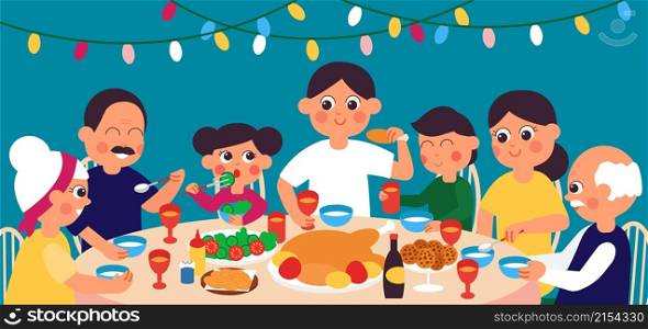 Family festive dinner. Christmas table, eat together. Happy fest lunch, parents and children reunion. Friends celebrating, diverse meals vector concept. Illustraton of holiday family table with food. Family festive dinner. Christmas table, eat together. Happy fest lunch, parents and children reunion. Friends celebrating, diverse meals decent vector concept