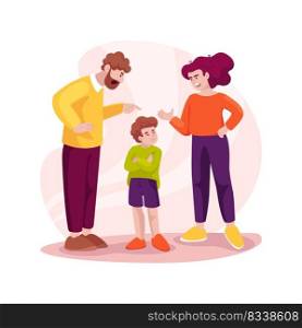Family fight isolated cartoon vector illustration. Mother and father disciplining a child, family conflict, fighting in a living room, parents shouting at a child, misbehaving vector cartoon.. Family fight isolated cartoon vector illustration.