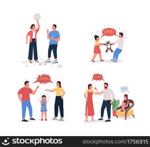 Family fighting flat color vector detailed character set. Wife scolding husband. Children arguing. Relationship problem isolated cartoon illustration for web graphic design and animation collection. Family fighting flat color vector detailed character set