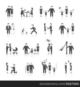 Family figures black icons set of men women dating wedding parenting isolated vector illustration