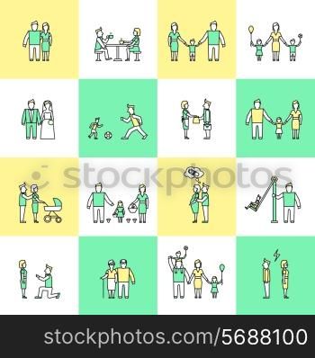 Family figures friends togetherness couple flat line icons set isolated vector illustration