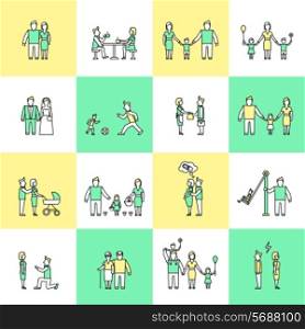 Family figures friends togetherness couple flat line icons set isolated vector illustration