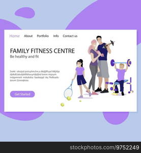 Family fitness centre. Be healthy and fit. Mother father with children son and daughter doing sport. Healthy behavior, presentation site page gym or port club. Vector illustration. Family fitness centre. Be healthy and fit