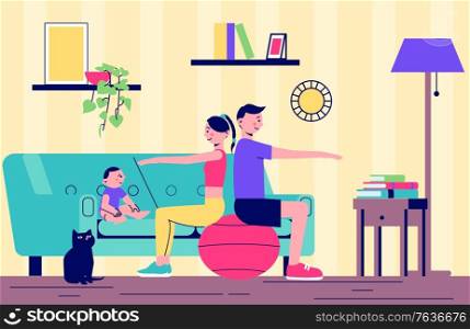 Family fitness home workout flat composition parents sitting on balance ball baby and cat watching vector illustration