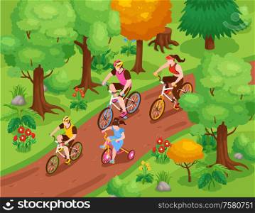 Family fitness isometric background with bicycle riding with parents and children vector illustration