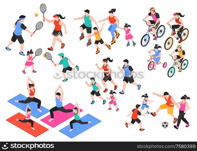 Family fitness isometric set with bicycle yoga and football isolated vector illustration