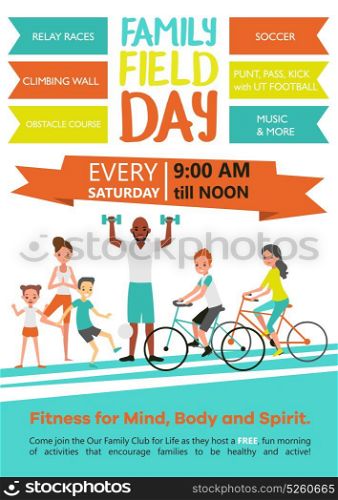 Family Fitness Template. Family fitness template with active healthy sport parents and children in flat style vector illustration