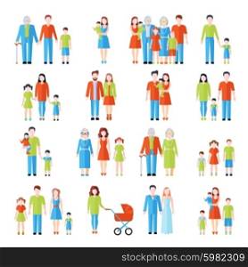 Family flat icons set . Happy family three generations flat icons set with father mother grandparents and children abstract vector isolated illustration