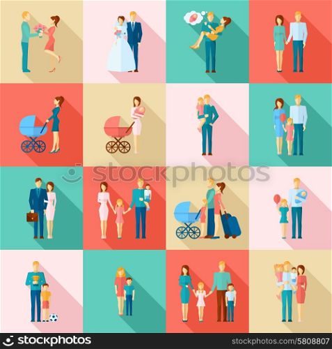 Family flat icons set with married couples parents and children isolated vector illustration. Family Icons Set