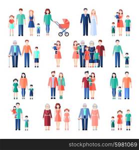 Family Flat Images Set. Family flat style images set with married couples parents and children isolated vector illustration