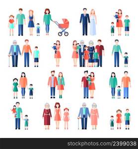 Family flat style images set with married couples parents and children isolated vector illustration. Family Flat Images Set