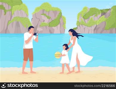 Family friendly escape flat color vector illustration. Beach vacation. Summer waterfront resort. Man taking picture of daughter and wife 2D simple cartoon characters with high ridges on background. Family friendly escape flat color vector illustration