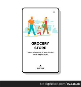 Family From Grocery Store With Bought Food Vector. Man Father, Woman Mother And Girl Daughter Going With Fruits And Vegetables From Grocery Store. Characters Web Flat Cartoon Illustration. Family From Grocery Store With Bought Food Vector