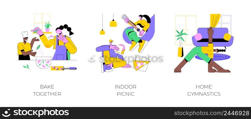 Family fun amid quarantine abstract concept vector illustration set. Bake together, indoor picnic, home gymnastics, time together with children, indoor activities, stay at home abstract metaphor.. Family fun amid quarantine abstract concept vector illustrations.