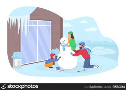 Family fun in winter 2D vector isolated illustration. Outside in snow. Father, mother and son flat characters on cartoon background. Festive activities for quality time together colourful scene. Family fun in winter 2D vector isolated illustration
