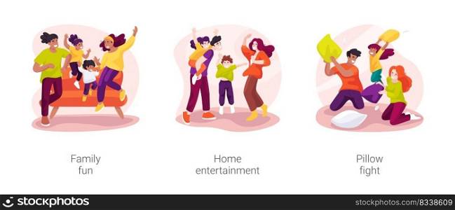 Family fun moments isolated cartoon vector illustration set. Family members having fun together in living room, home entertainment, happy children laughing, pillow fight in bedroom vector cartoon.. Family fun moments isolated cartoon vector illustration set