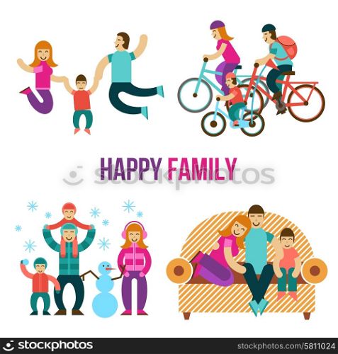 Family fun set with happy people jumping sitting on couch riding a bicycle flat isolated vector illustration. Family Fun Set