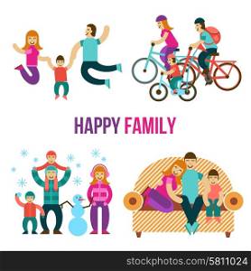 Family fun set with happy people jumping sitting on couch riding a bicycle flat isolated vector illustration. Family Fun Set